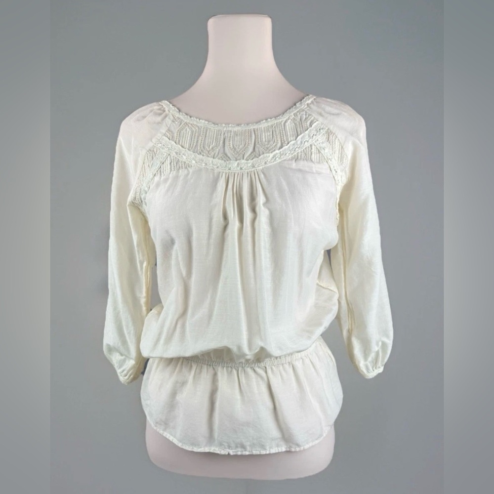 Forever 21 Cream Crochet Yoke Peasant Blouse Sz Small